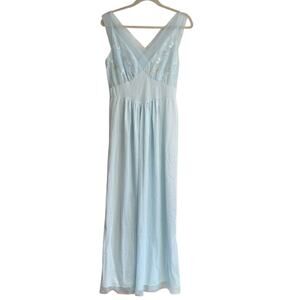 Vintage 50s Charmode JC Penneys Blue Sheer V Neck Embroidered Nightgown Sz Small
